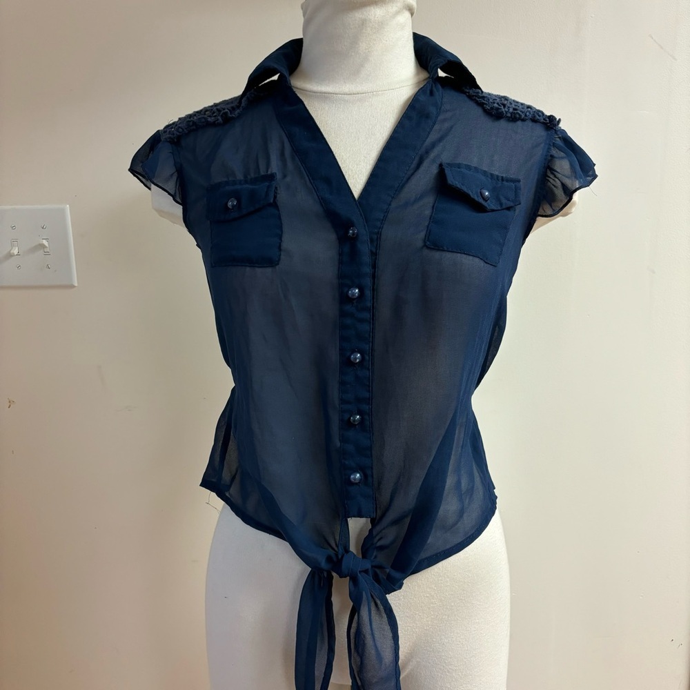 Rue 21 Sheer Navy Tie Up Crochet Cinched Button Up Short Sleeve Collared Shirt
